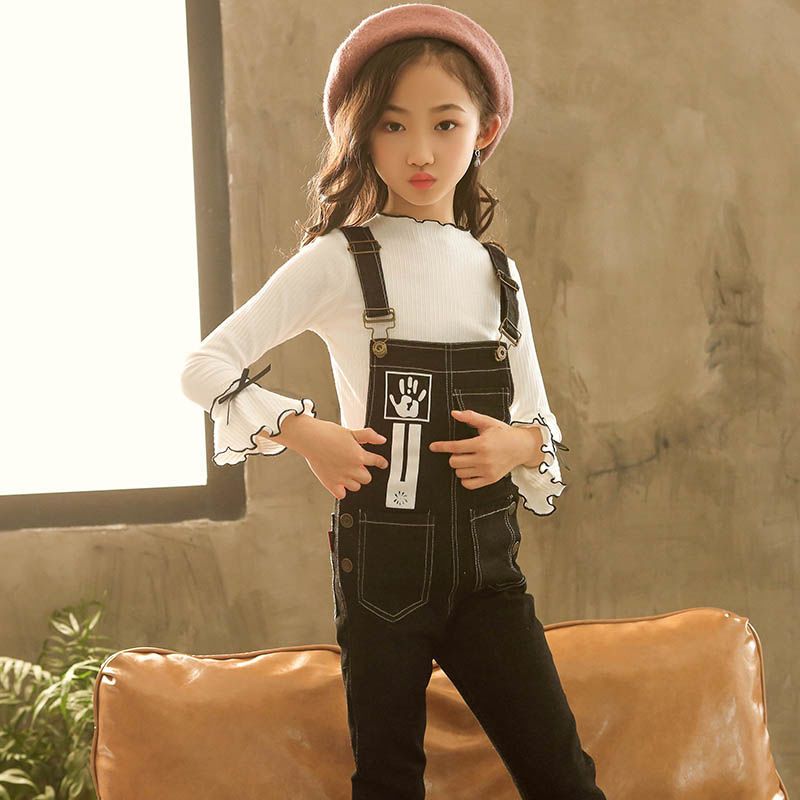 女童春秋季新款牛仔背带裤套装中大童洋气牛仔裤长裤小女孩背带裤单