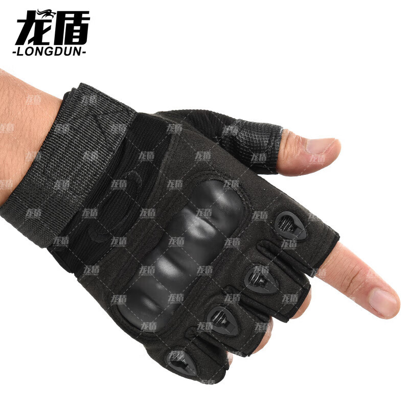 龙盾战术半指手套男士格斗拳击户外骑行机车运动健身全指黑色绿色沙色 [黑色]半指手套