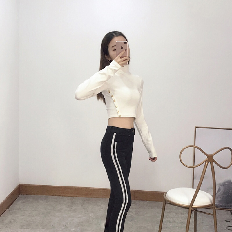 秋季高腰短款性感露脐纯色高领长袖t恤女紧身弹力露肚脐修身上衣