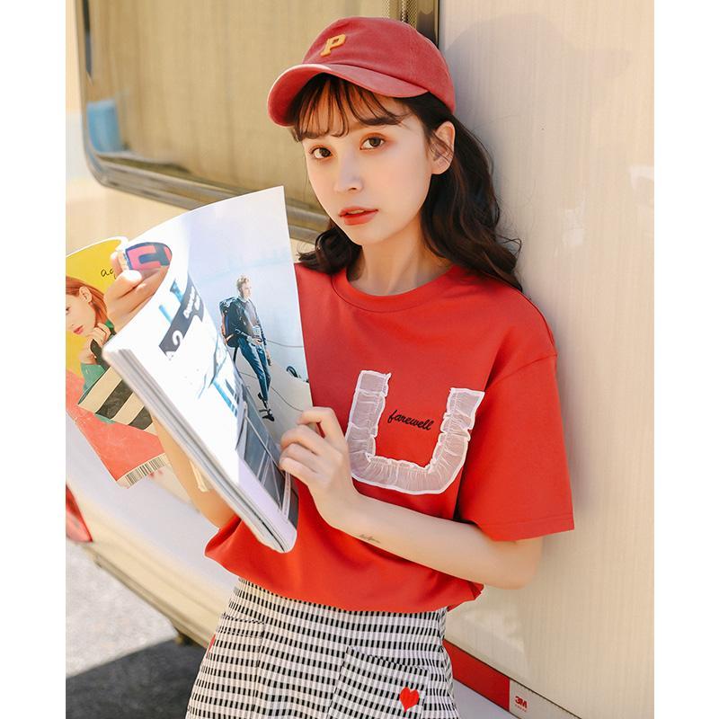 2018夏季新品学生短袖字母刺绣 圆领立体假口袋学院风 宽松T恤女