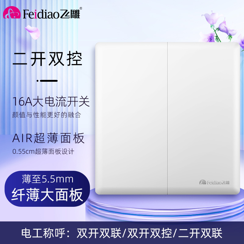 飞雕(FEIDIAO)开关插座86型家用商用 超大面板钢支架格韵系列电源墙壁开关面板 格韵优雅白二位双控开关