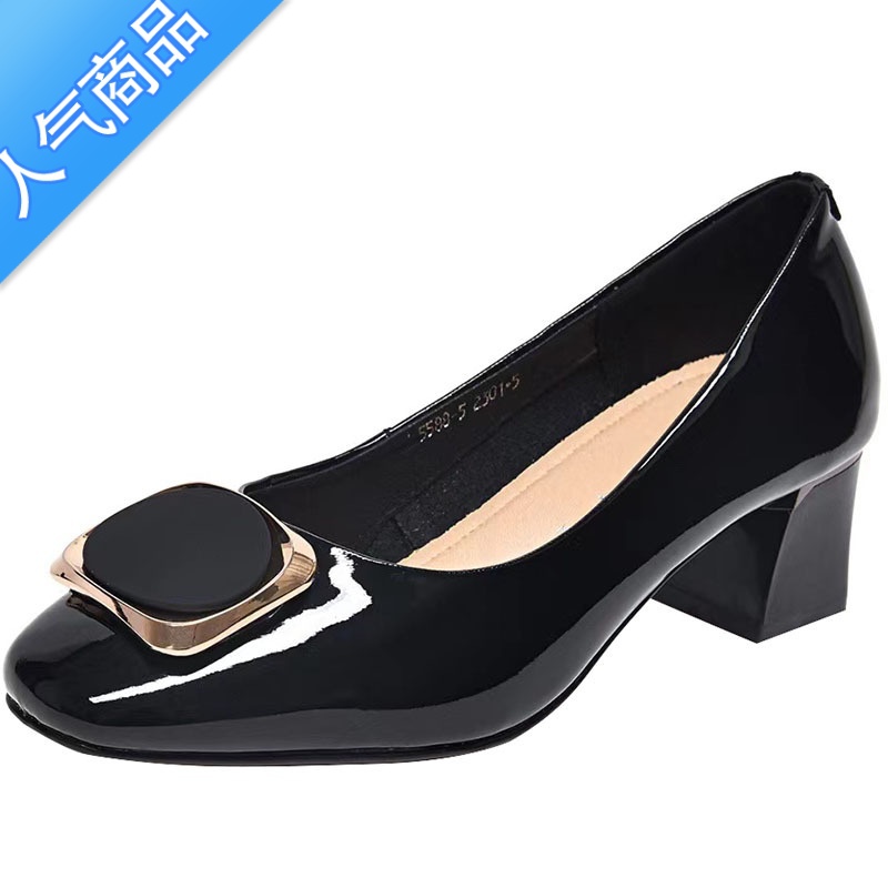 SUNTEK2023春秋新款粗跟浅口乐福鞋女漆皮百搭时尚气质单鞋中跟软K高清大图