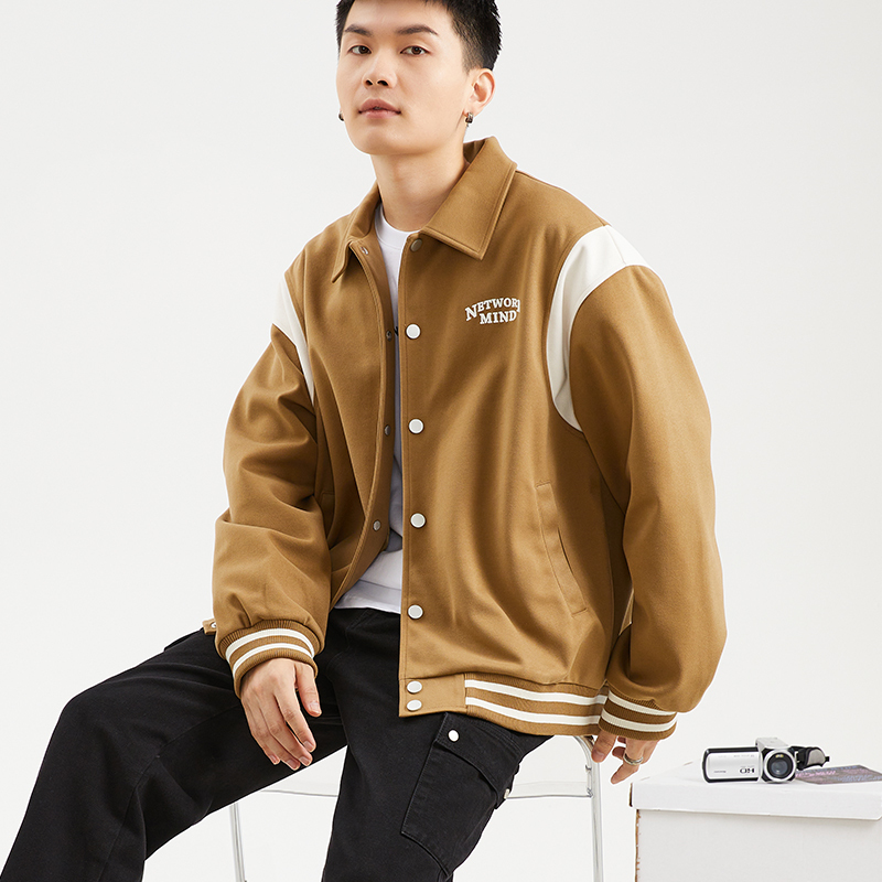 [2.5折价192元]唐狮棒球服外套男冬季新款拼接美式棒球领时尚复古外套男士潮