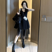 波迷娜(BOMINA)秋装2021年新款中长款网纱吊带连衣裙女小西装短外套初秋两件