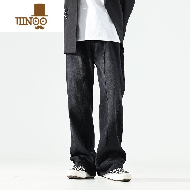 YANXU微喇叭黑色牛仔裤男款高街复古风直筒拖地水洗阔腿裤高清大图