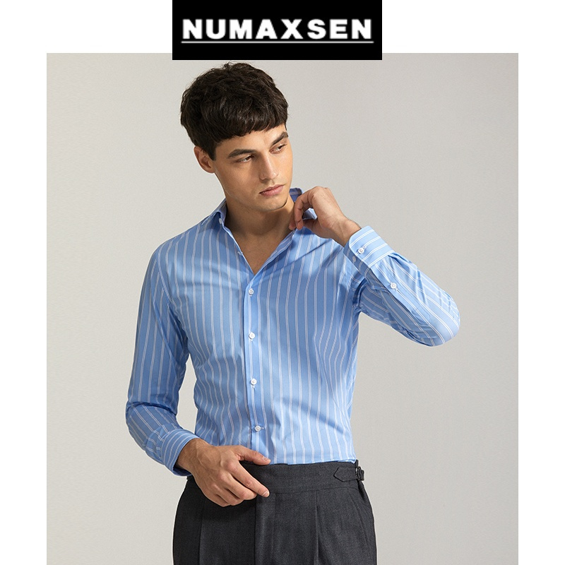 纽曼森numaxsen秋季时尚蓝色双条纹衬衫男商务休闲温莎领微弹修身长袖