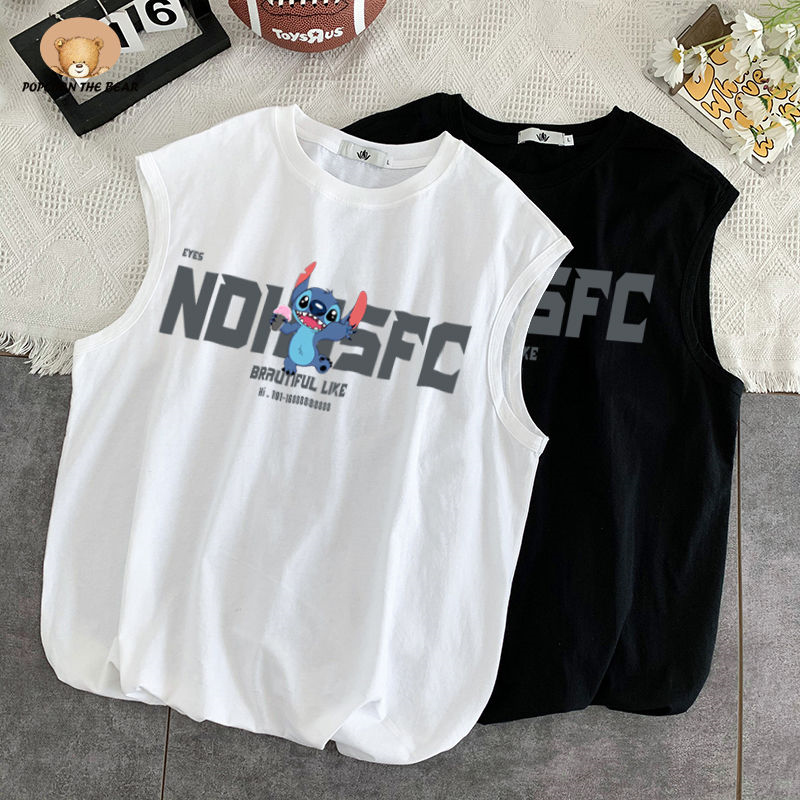 popcornthebear美式复古史迪仔精梳棉半练背心男轻薄无袖坎肩夏视频