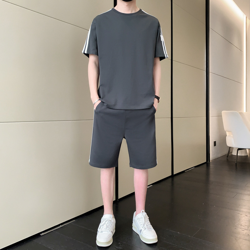 啄木鸟冰丝套装男士夏季薄款运动短袖t恤一套搭配五分休闲短裤男 0850深灰 XL125-145斤可穿