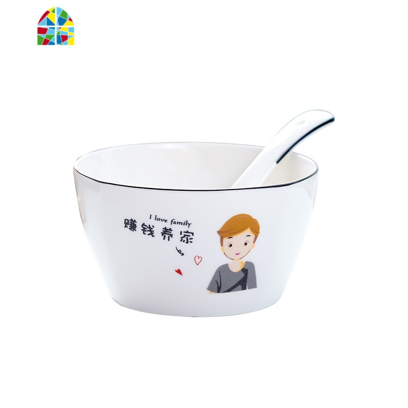 4个亲子碗创意可爱卡通方碗一家四口碗餐具套装家用碗碟骨瓷碗勺 FENGHOU 三口女儿款筷