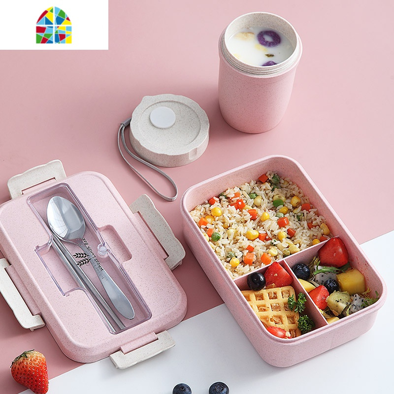 封后食堂饭盒上班族学生水果便当盒可爱少女心餐盒三格简约女生 FENGH [蓝便当盒]+塑料餐具+保温袋蓝+早餐杯蓝