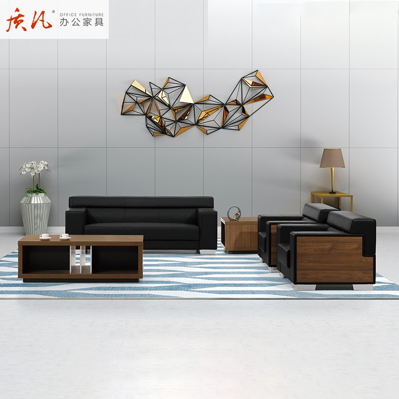 质凡办公沙发简约现代三人位组合办公室接待区皮艺沙发西皮双色高清大图