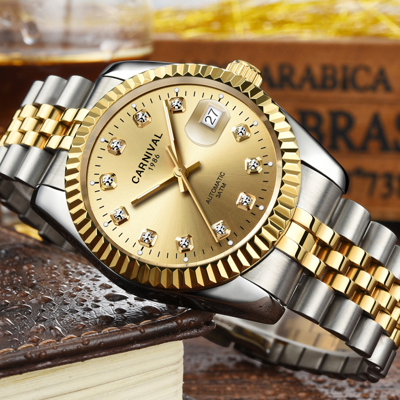 嘉年华CARNIVAL瑞士品牌男士手表 全自动机械表 男商务时尚精钢男式腕表防水间金土豪金表精钢金属沉稳8205宝格系列高清大图