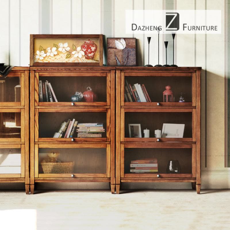 森美人水曲柳美式实木简约二三四五层储物书橱书架矮书柜带玻璃图片