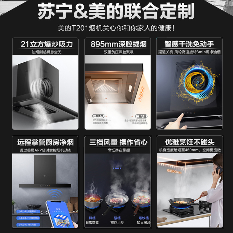 美的(Midea)烟灶套装 21立方爆炒智能欧式油烟机+4.8KW灶具套餐家用烟灶套餐T201+Q217B-M天然气