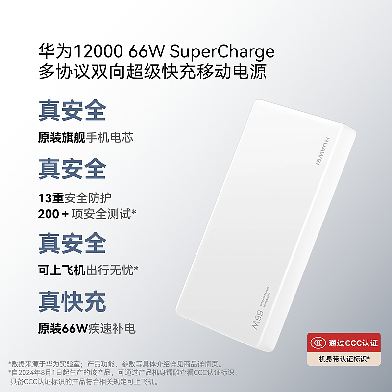 华为(HUAWEI)12000 66W SuperCharge多协议双向超级快充移动电源珍珠白(此产品10件以上起拍)
