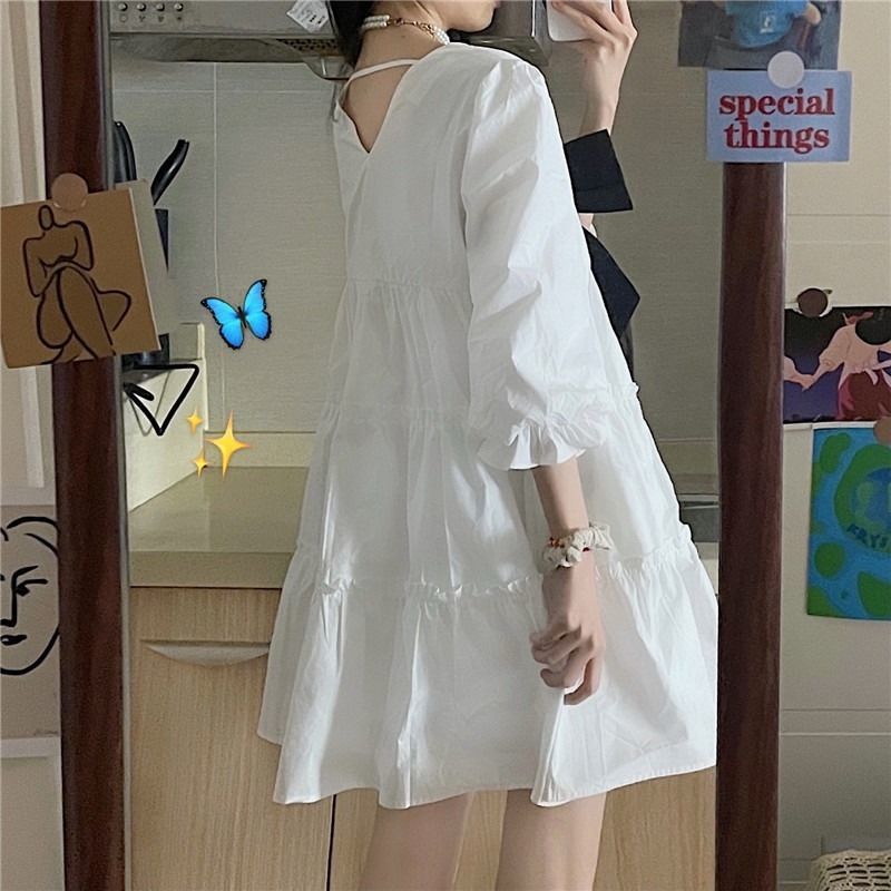 法式蝴蝶结仙女裙2021夏季新款减龄白色可爱公主裙子泡泡袖连衣裙 白色[短袖衬衫] S 建议[75-90斤]