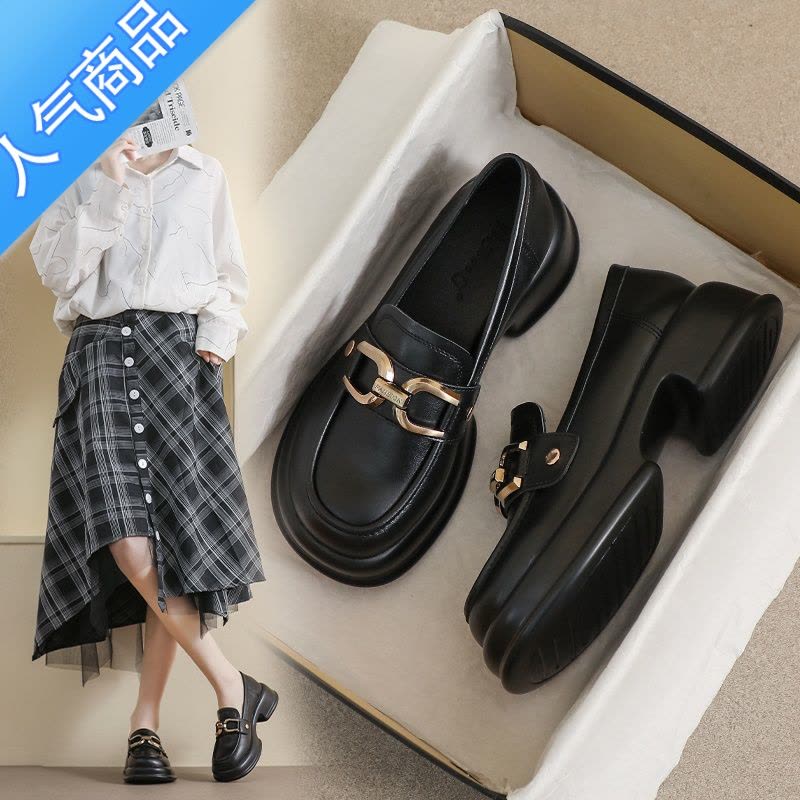 SUNTEK小皮鞋女高跟2023新款春秋英伦风黑色33工作厚底34小码乐福鞋图片