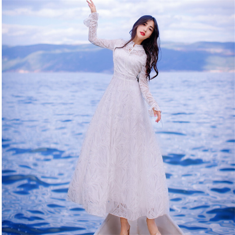 2018春秋白色蕾丝镂空木耳边长袖连衣裙淑女气质修身度假长裙白色视频