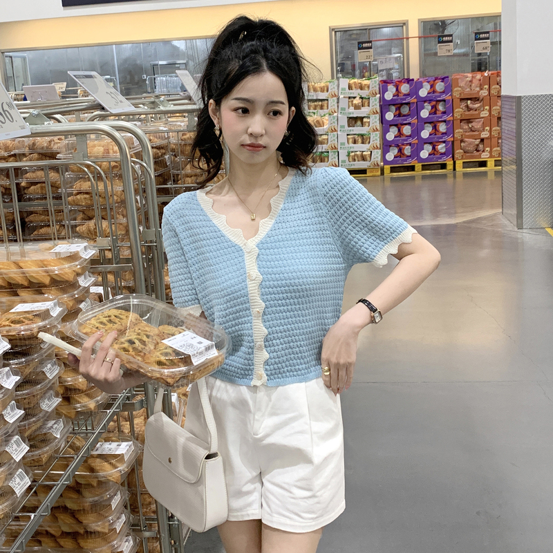 [2.5折价62元]唐狮甜美撞色短袖T恤女夏季新款别致修身蓝色针织衫上衣小众x
