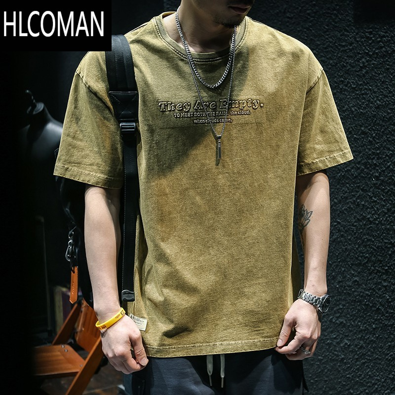 HLCOMAN夏季水洗美式短袖t恤男宽松潮牌ins大码半袖圆领潮流百搭体桖
