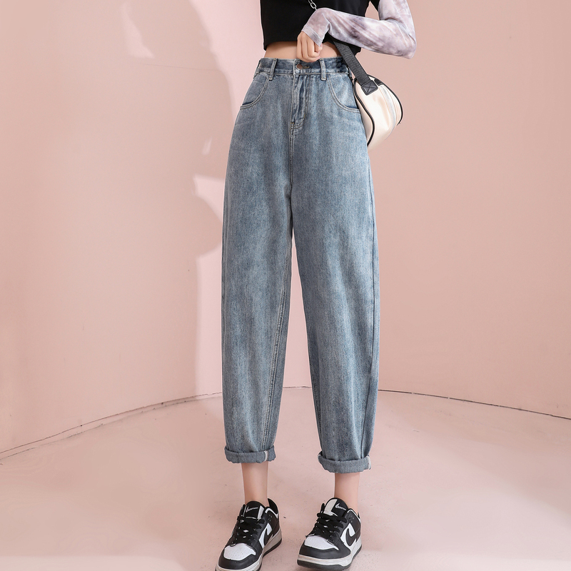唐狮秋季新款高腰牛仔裤女宽松直筒老爹哈伦裤子女萝卜九分裤