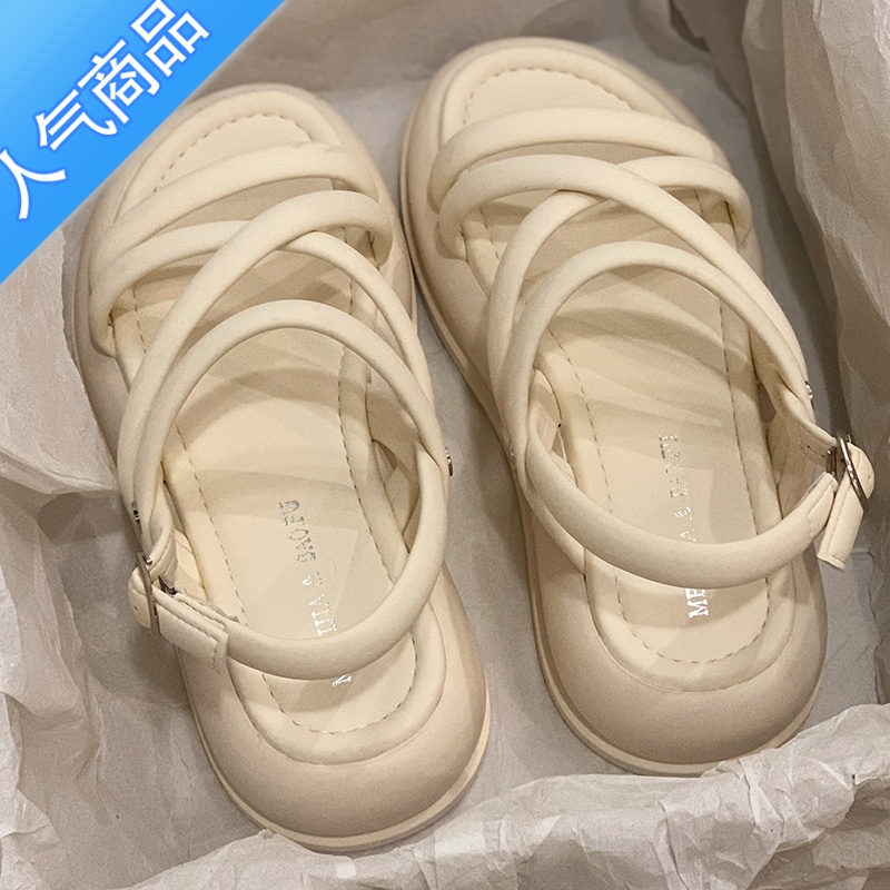 SUNTEK罗马凉鞋女2023年夏季新款时尚复古百搭小个子厚底休闲舒适沙滩鞋 米色 35