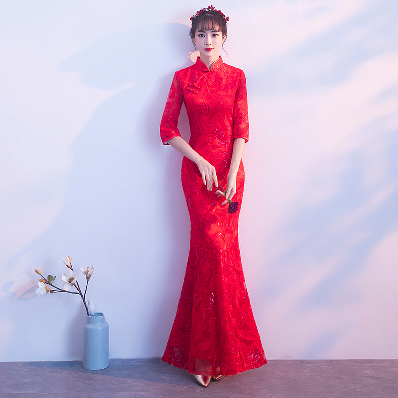 敬酒服新娘春季2018结婚新款红色中式旗袍长袖修身鱼尾走秀礼服女