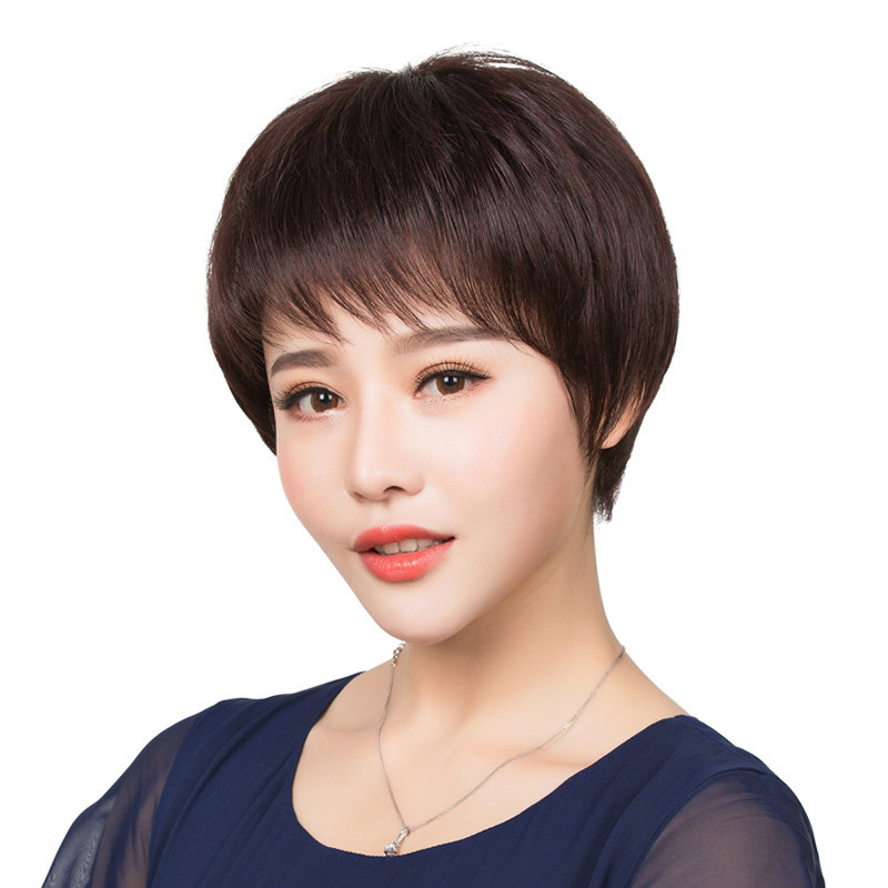 专营好货假发女短发自然逼真短直发女士中老年妈妈真发圆脸发型轻薄款