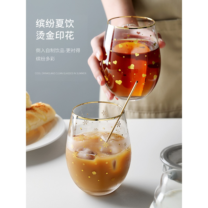 美帮汇金边玻璃水杯简约清新北欧森系家用饮料杯子早餐牛奶杯风 繁星金边杯+勺子