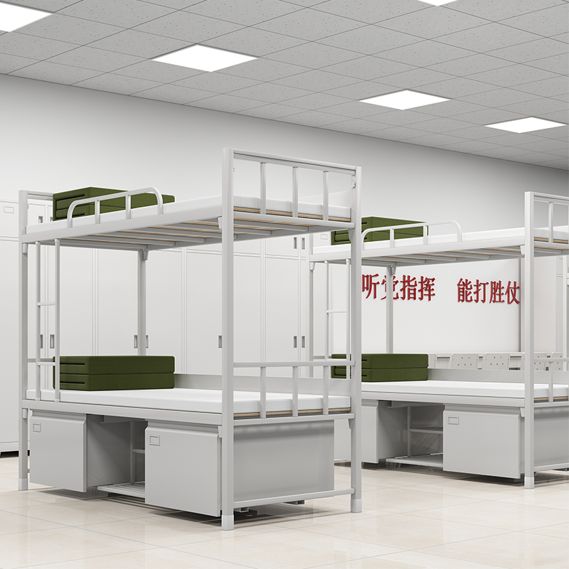 富路达钢制双层床宿舍上下铺铁架床加厚内务双人床带鞋柜1.2米宽高清大图