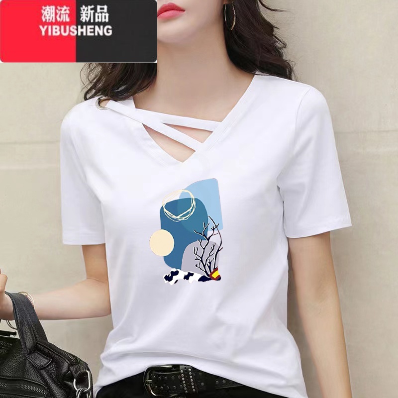 YIBUSHENGv领短袖t恤女2024季韩版新款宽松显瘦百搭设计感印花上衣潮高清大图