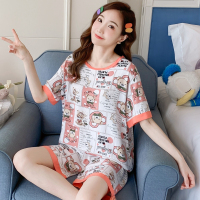 棉绸睡衣女式夏季短袖短裤薄款绵绸家居服人造棉套装两件套ins风 棉绸短袖短裤-圆领橘色方块熊 M(80-95斤)