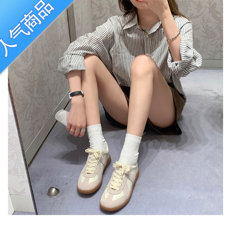 SUNTEK内增高羊皮德训鞋女百搭休闲平底系带小白鞋厚底学院风板鞋女高清大图