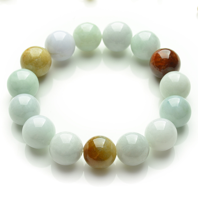 翡翠手链三彩手环圆珠手串男女款玉石手饰品带证书送女朋友七夕情人节