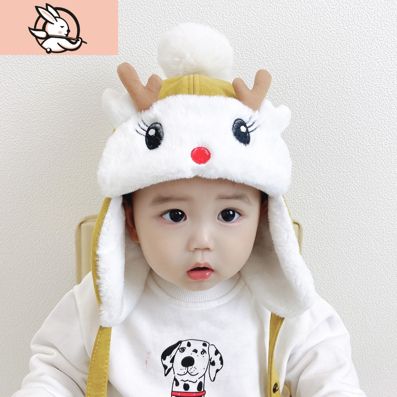 huayangtu婴儿冬季帽子宝宝鹿角护耳帽可爱保暖冬天婴幼儿男童女童