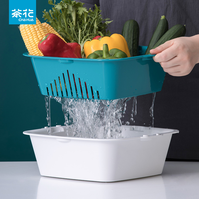 茶花沥水篮洗果篮塑料家用厨房沥水洗菜盆果盘水果篮洗菜筐菜篮子【方形】大号橙色