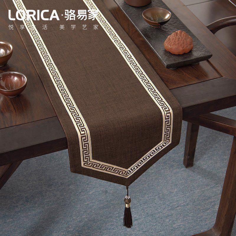 美式桌旗新中式禅意茶旗布现代简约茶几餐桌北欧电视 福延年-咖色(尖角款) 33*330cm(适用桌长2.7米-2.9米)图片