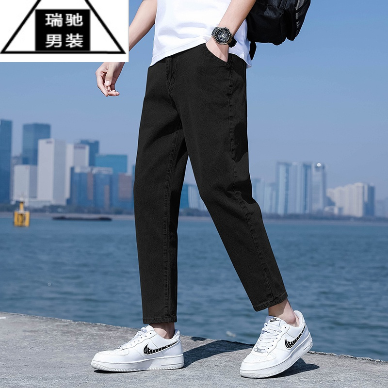 希杰狮王夏季弹力薄款黑色牛仔裤男士潮流宽松九分裤修身休闲小脚长