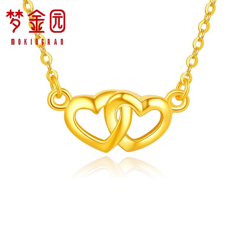 梦金园 金项链 足金999心心相连吊坠套链5G工艺锁骨链女