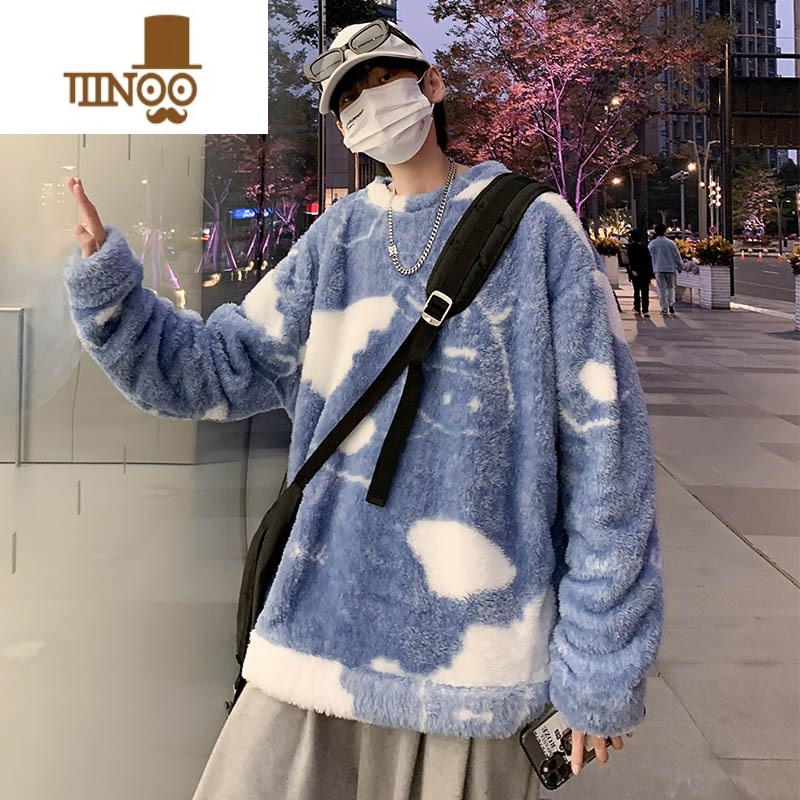 YANXU羔毛卫衣男加厚套头青少年潮牌ins摇粒绒日系学生圆领外套高清大图