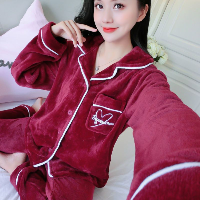 加厚法兰绒睡衣女冬季新款珊瑚绒秋冬天两件套装加绒可爱心家居服