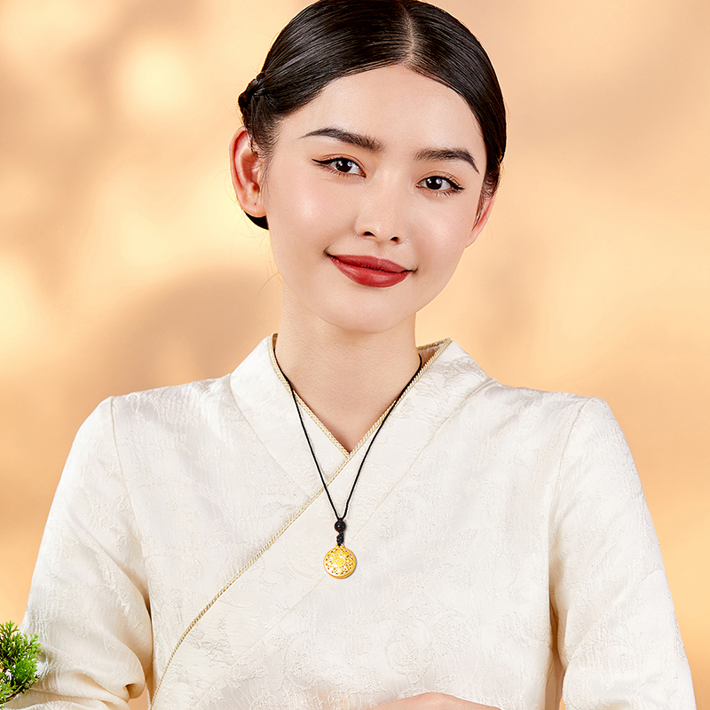 梦金园双面福字八宝罗盘足金吊坠莲花黄金吊坠5D无氰硬金坠子/男女同款/含编绳