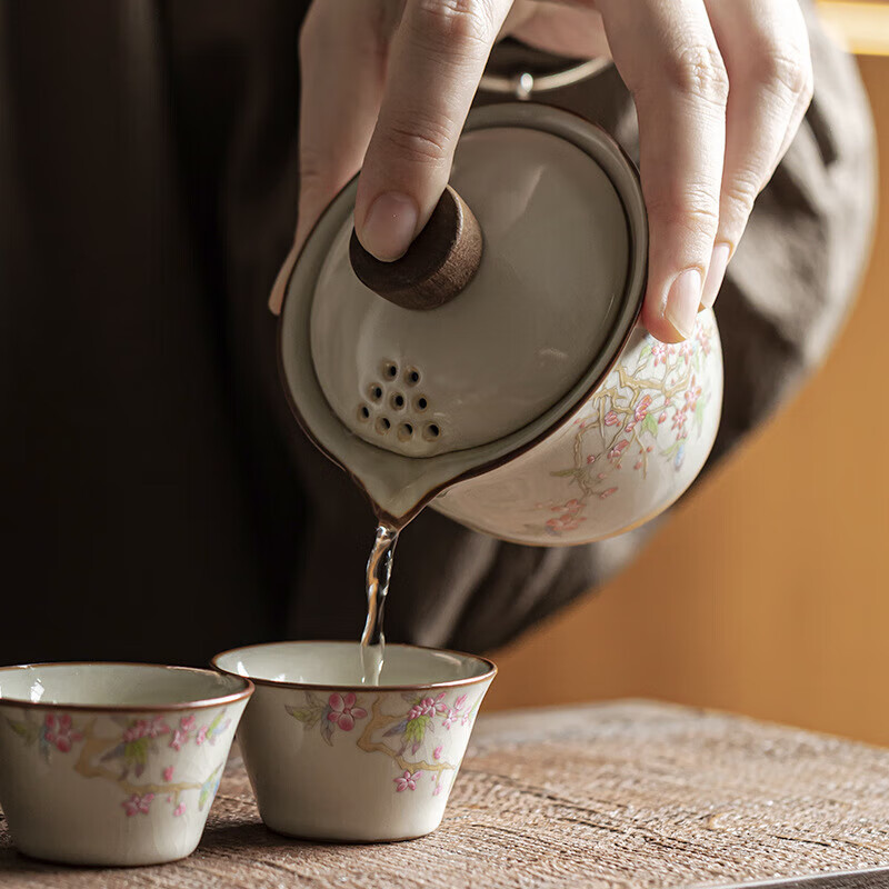 米黄汝窑快客杯粉桃迎春三杯四方包陶瓷旅行功夫茶具套装