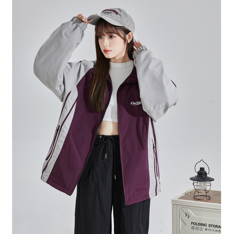 【2.5折价156元】唐狮秋新款复古运动休闲外套女独特好看立领薄款春秋夹克上衣 红酒紫 M