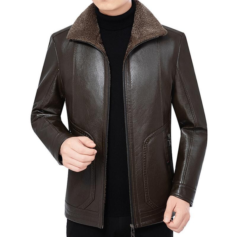 梵克公牛新款男装中年皮衣男外套 男式皮毛一体皮翻领拉链皮衣报价_参