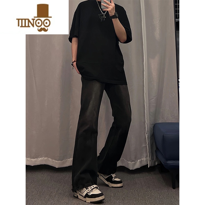 YANXU黑色弹力微喇牛仔裤男复古夏季美式高街潮牌vibe裤子痞帅直筒长裤高清大图