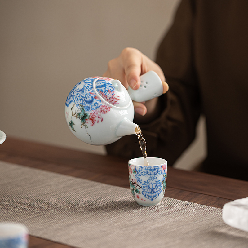 苏氏陶瓷(SUSHI CERAMICS)青瓷繁花似锦侧把壶果糖盘功夫茶具套装