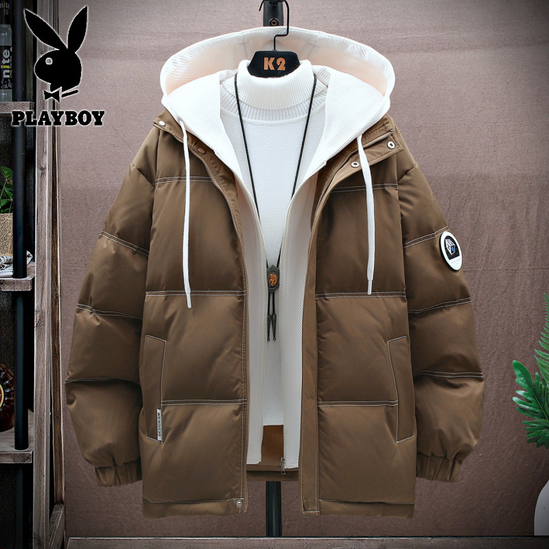 花花公子新款青少年学院风男式宽松连帽棉衣面包服假两件加厚棉服高清大图