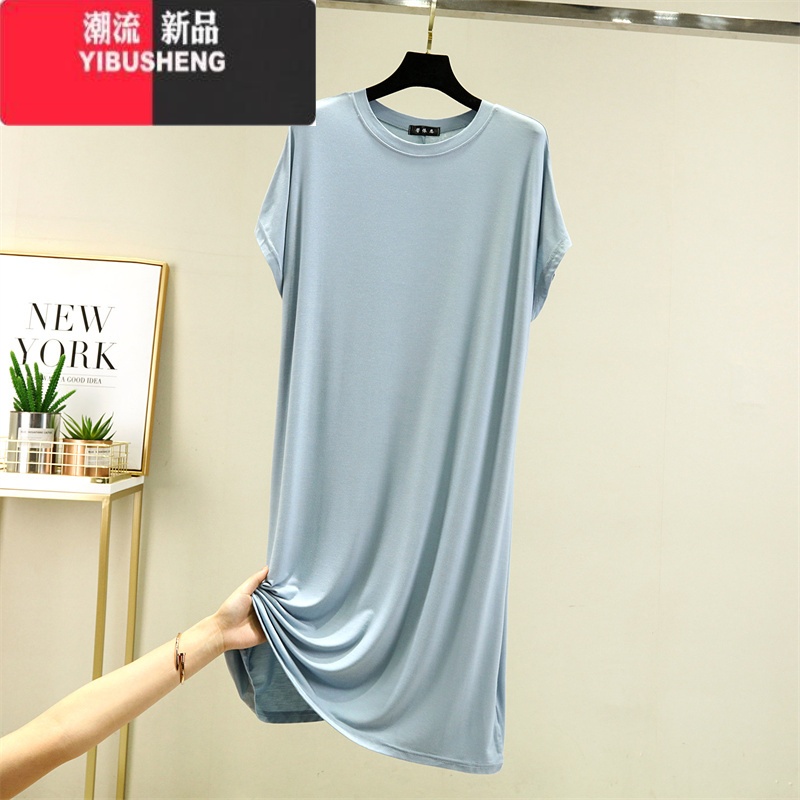 YIBUSHENG莫代尔短袖连衣裙女薄内搭打底裙宽松大码家居睡裙百搭中长款裙子 浅蓝 XXL160-180斤