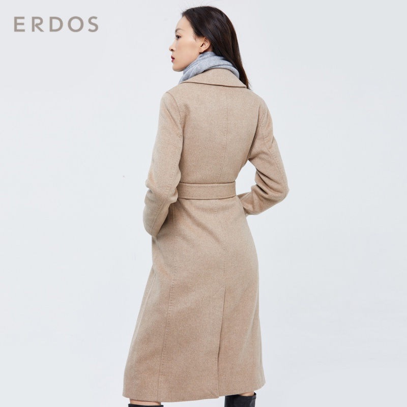 ERDOS 纯色简约翻领女士长款系带收腰纯羊绒大衣外套